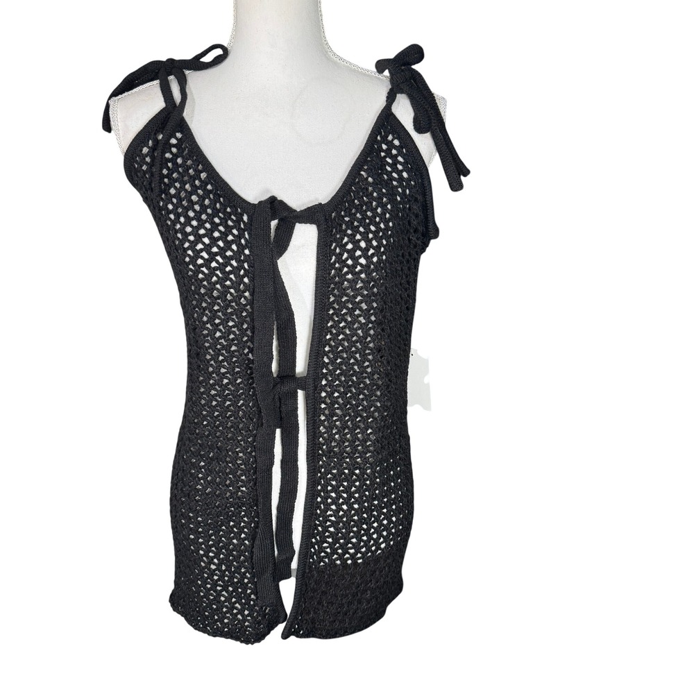 For Love & Lemons Black Crochet Tie Shoulder Tie Front Knit Top XL Beach NWT